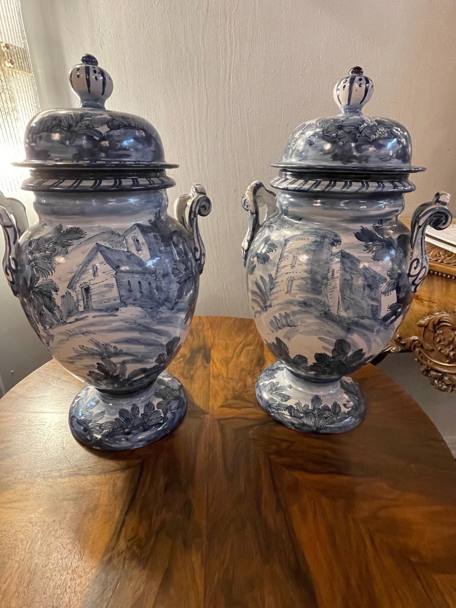 Pair of Blue and White Faience Glazed Lidded Urns For Sale 2