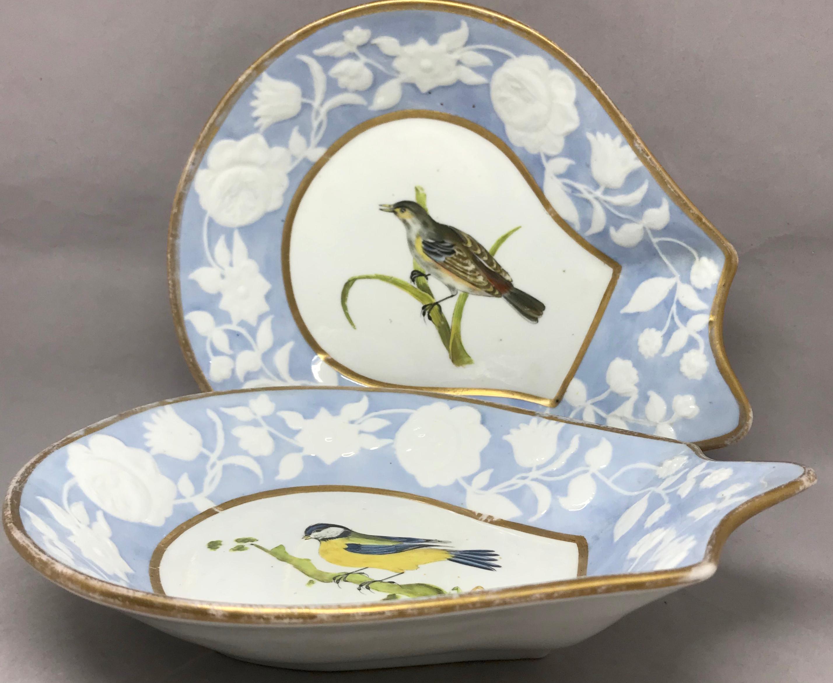 English Pair Blue, White and Yellow Bird Gilt Shell Form Sweetmeat Dishes For Sale