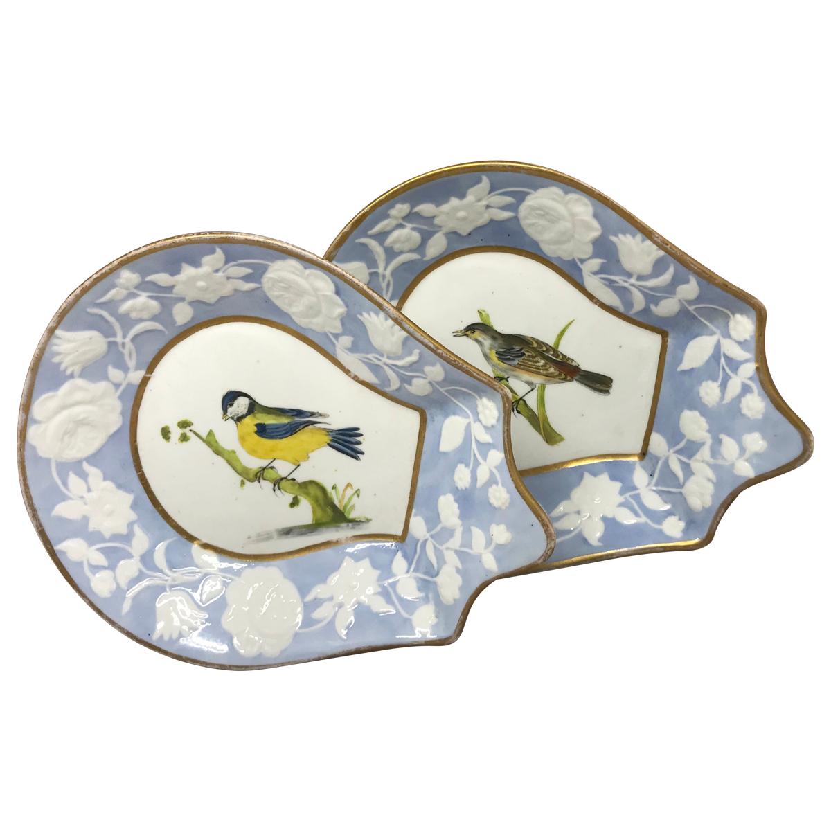 Pair Blue, White and Yellow Bird Gilt Shell Form Sweetmeat Dishes For Sale