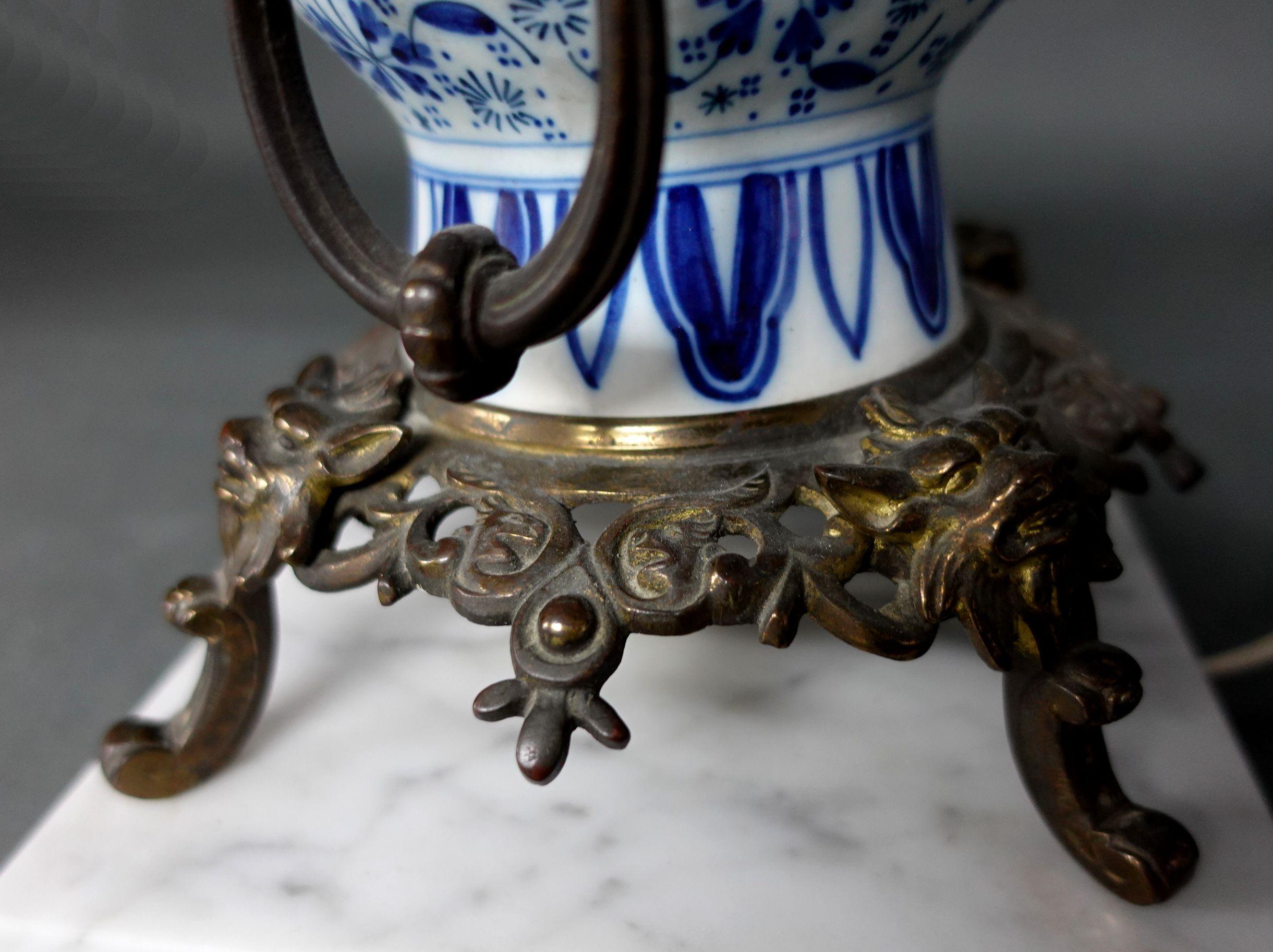 Pair of Blue and White Gilt-Bronze Candelabras and Lamps on Marble Bases For Sale 7