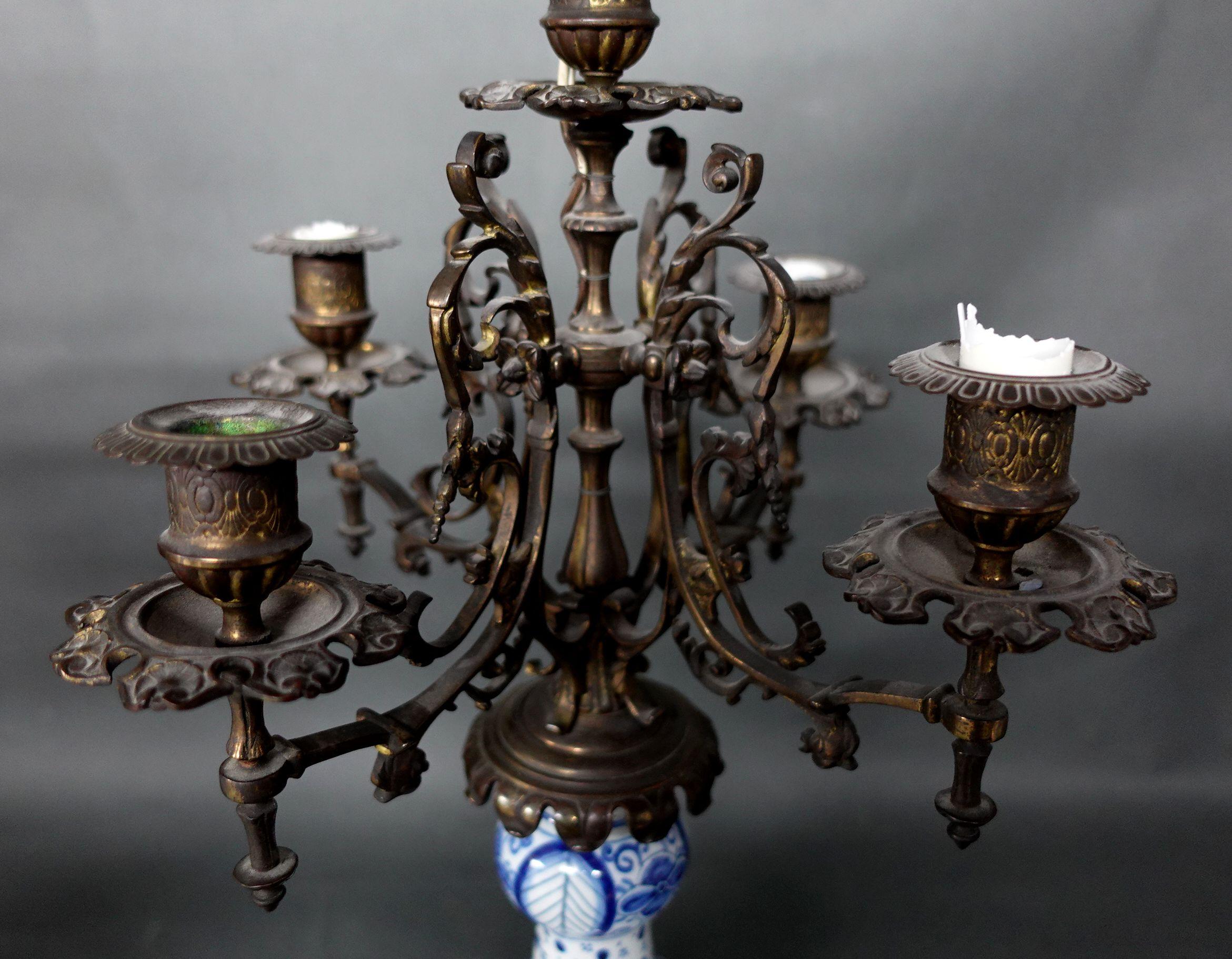 Hand-Crafted Pair of Blue and White Gilt-Bronze Candelabras and Lamps on Marble Bases For Sale