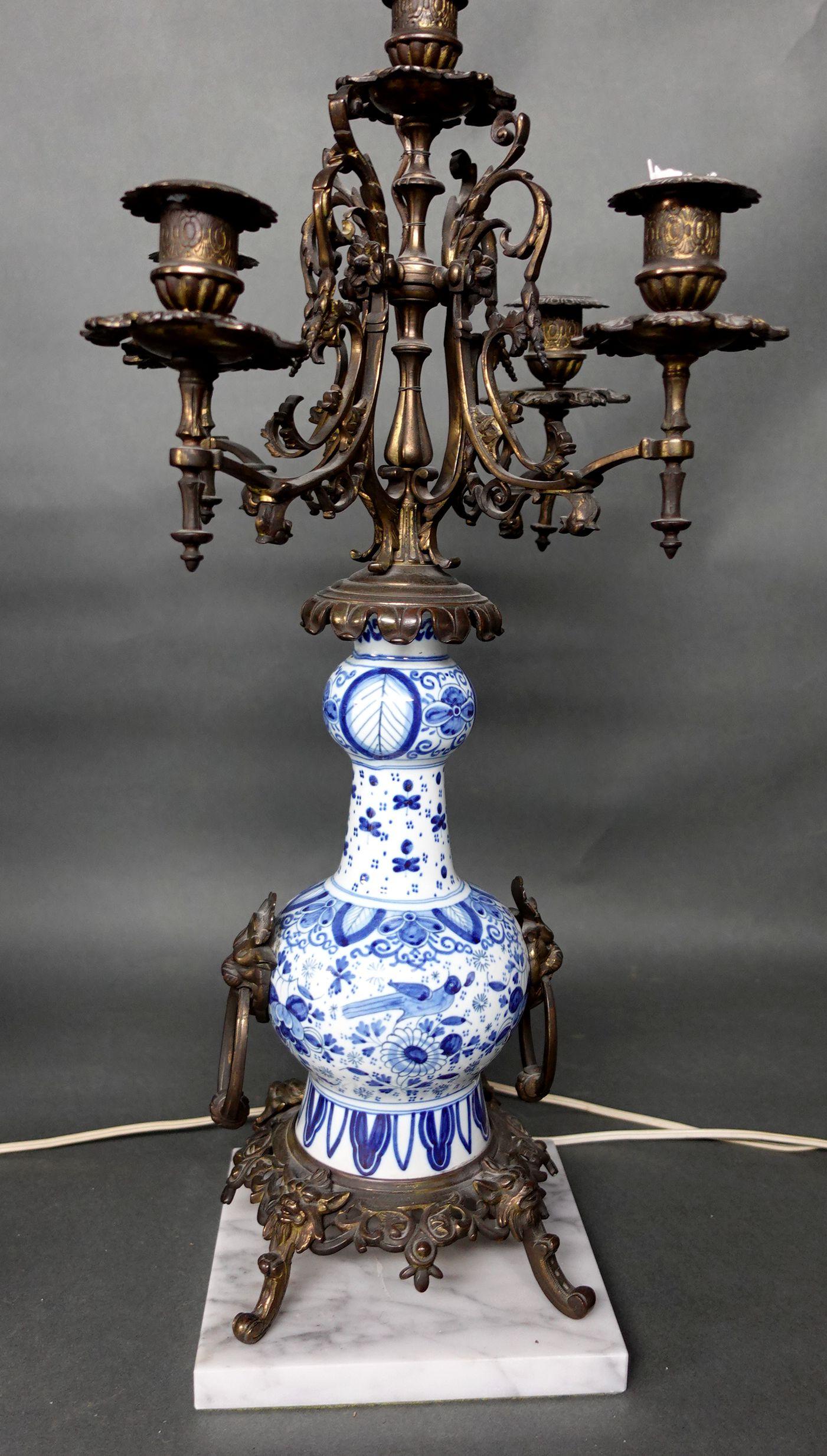 Pair of Blue and White Gilt-Bronze Candelabras and Lamps on Marble Bases In Good Condition For Sale In Norton, MA