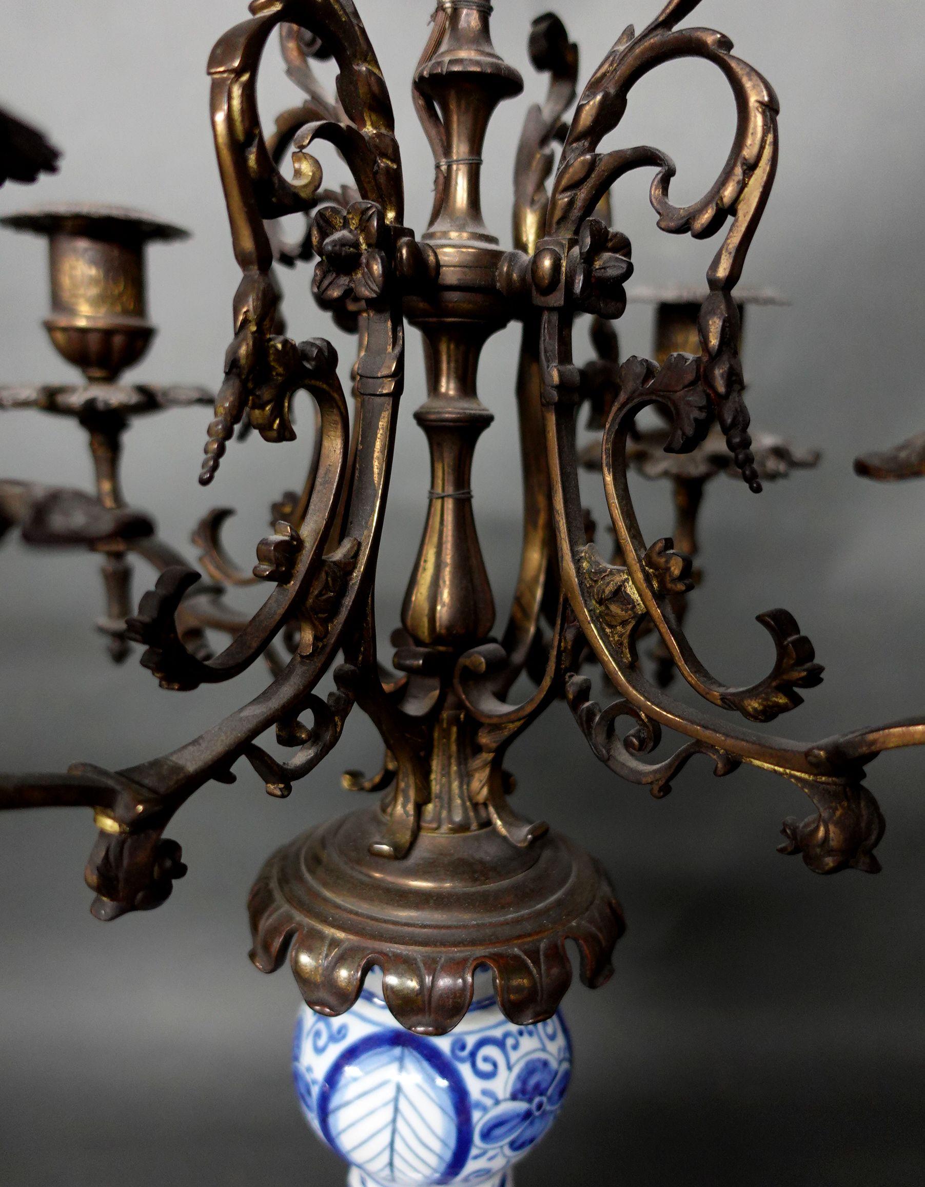 19th Century Pair of Blue and White Gilt-Bronze Candelabras and Lamps on Marble Bases For Sale