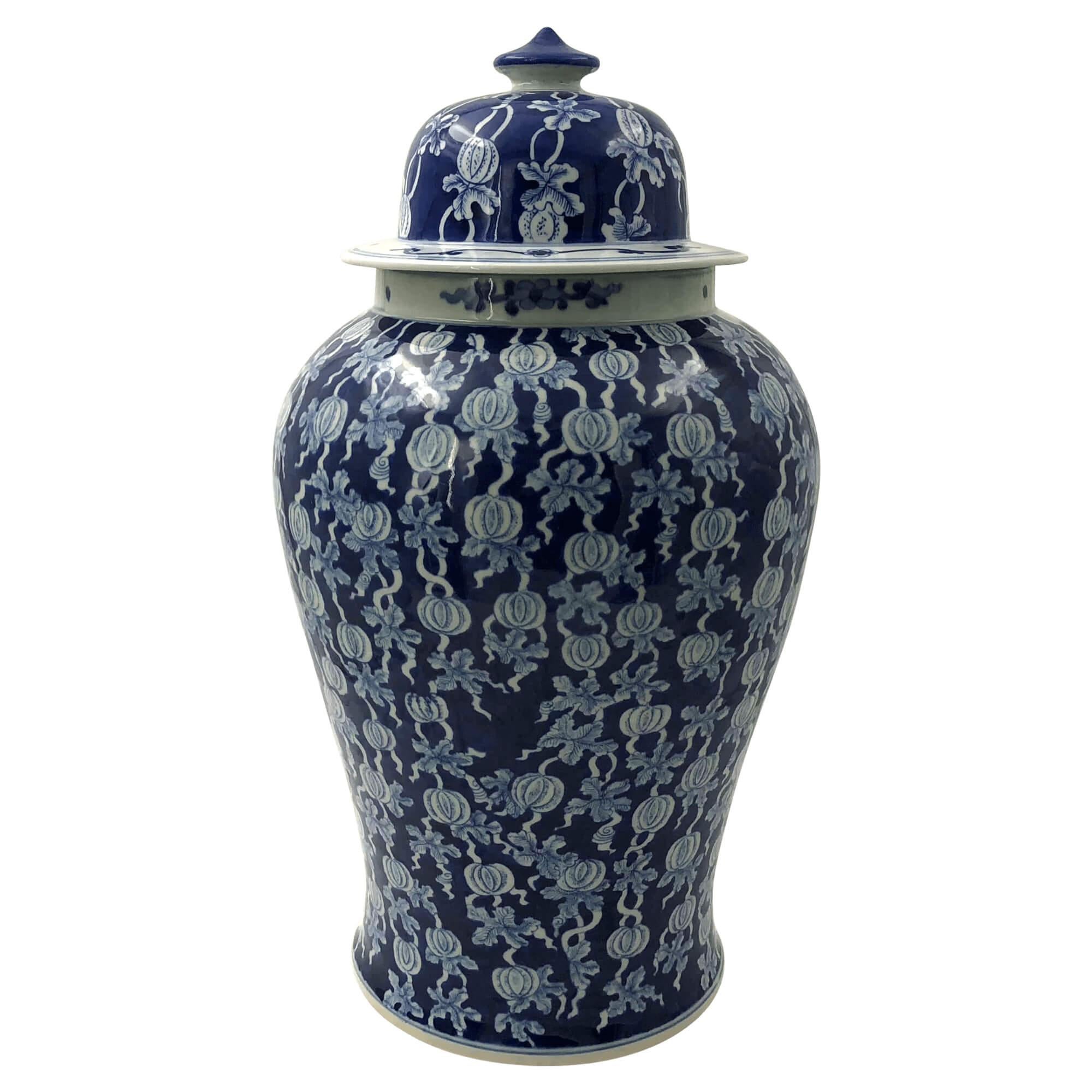 Large hand-painted Vintage style Chinese export blue and white lidded ginger jars decorated floral fruit.

Dimensions: 13