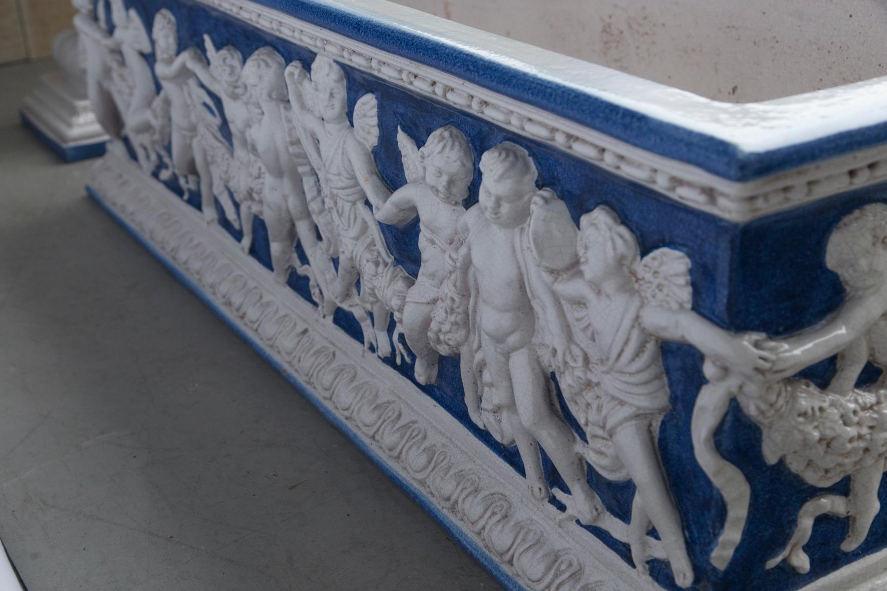 Terracotta Pair of Blue and White Glazed Troughs for Plants For Sale