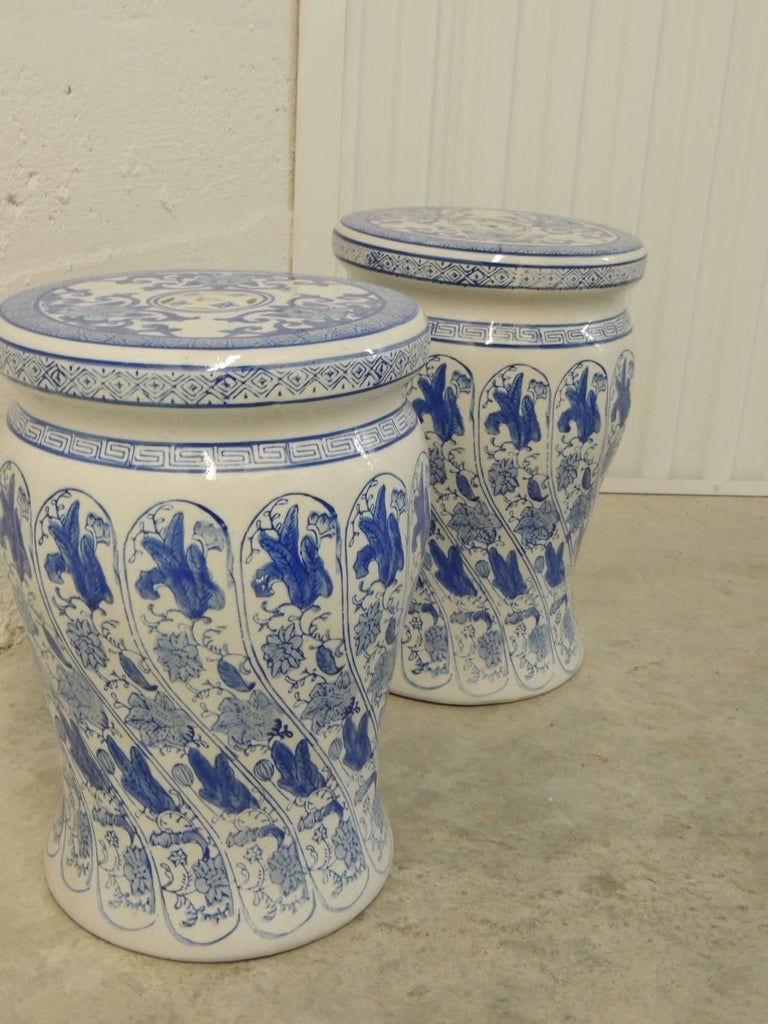 Pair of Blue and White Hand-Painted Ceramic Garden Vintage Stools at ...