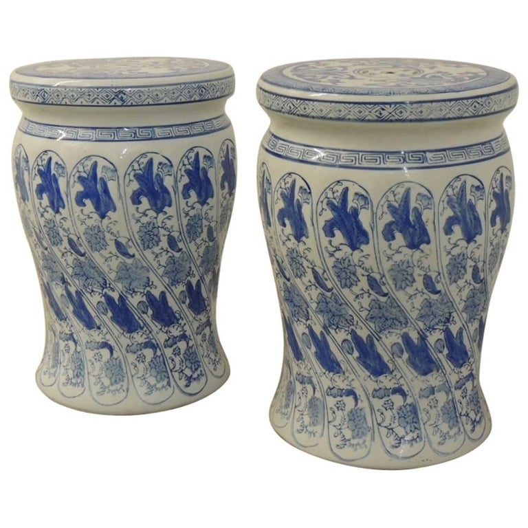 Pair of Blue and White HandPainted Ceramic Garden Vintage Stools at