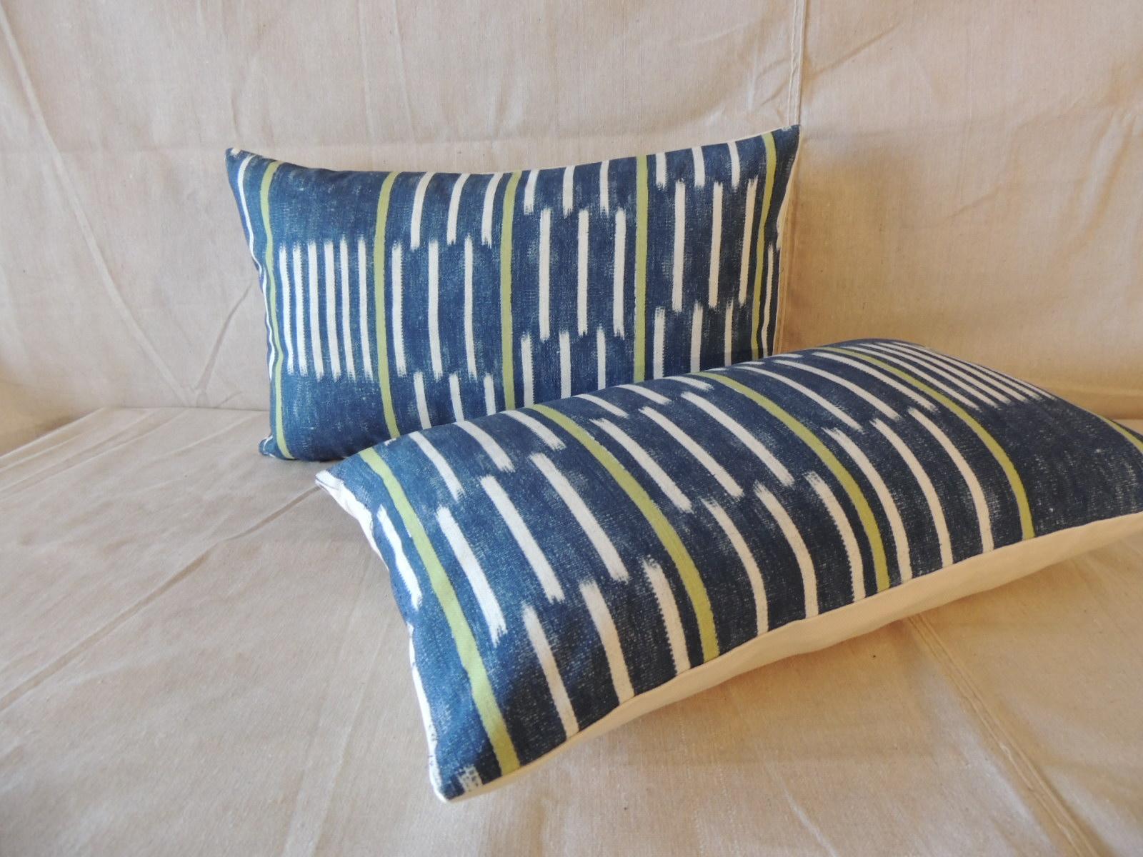 Tribal Pair of Blue and White Ikat Style Modern Lumbar Decorative Pillows