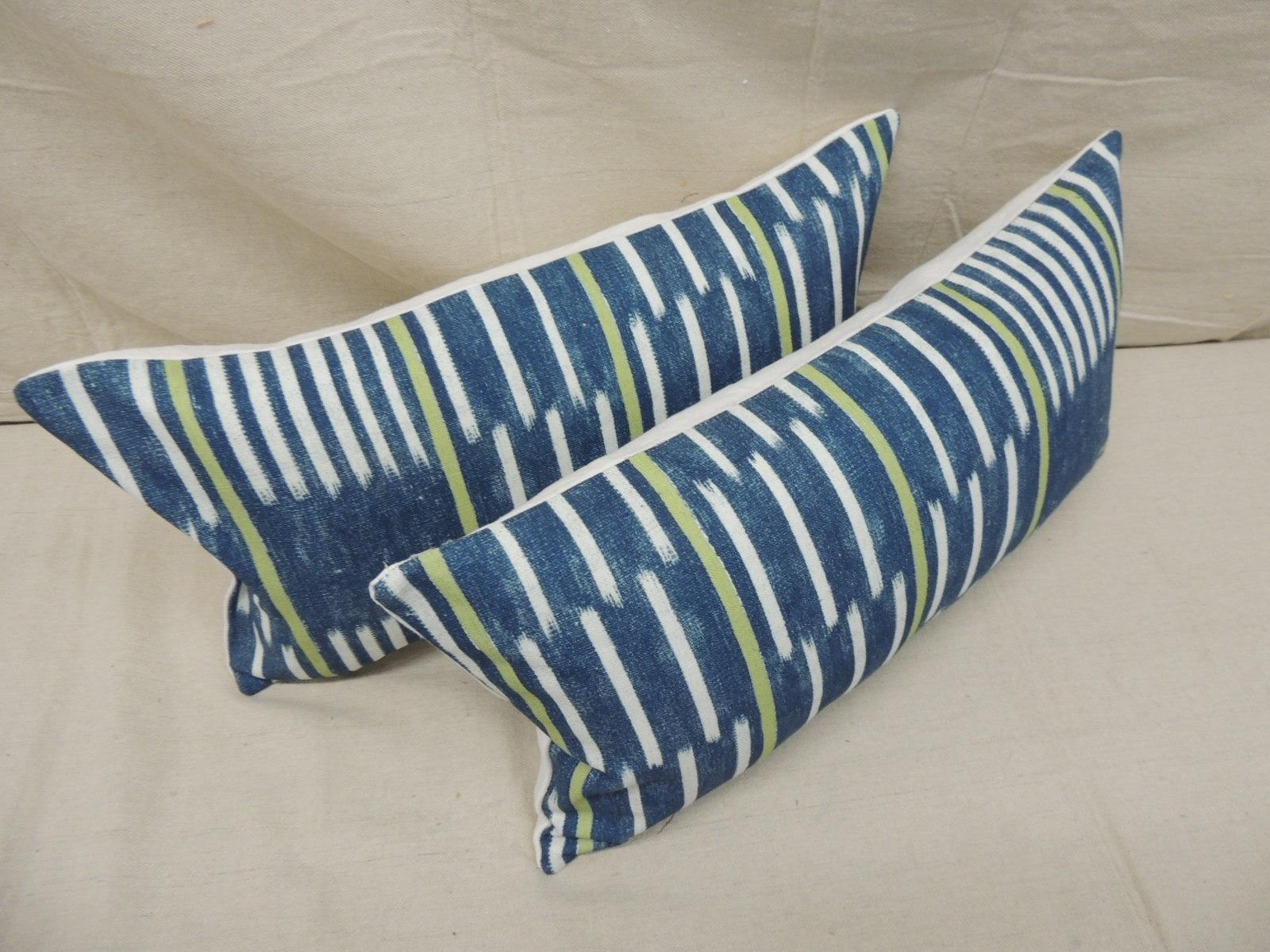 Contemporary Pair of Blue and White Ikat Style Modern Lumbar Decorative Pillows