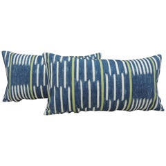 Pair of Blue and White Ikat Style Modern Lumbar Decorative Pillows