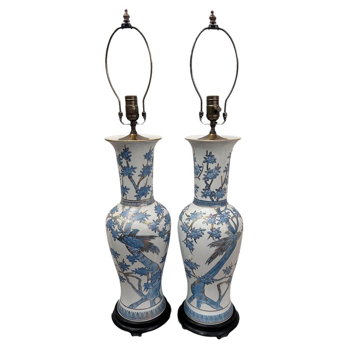 Pair of Blue and White Lamps For Sale