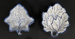 Pair of Blue and White Leaf Form Staffordshire Porcelain Trays