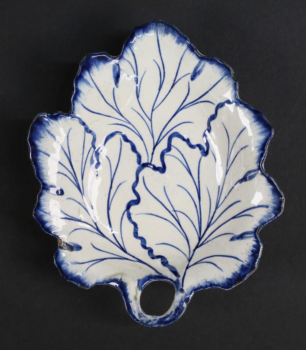 English Pair of Blue and White Leaf Form Staffordshire Porcelain Trays