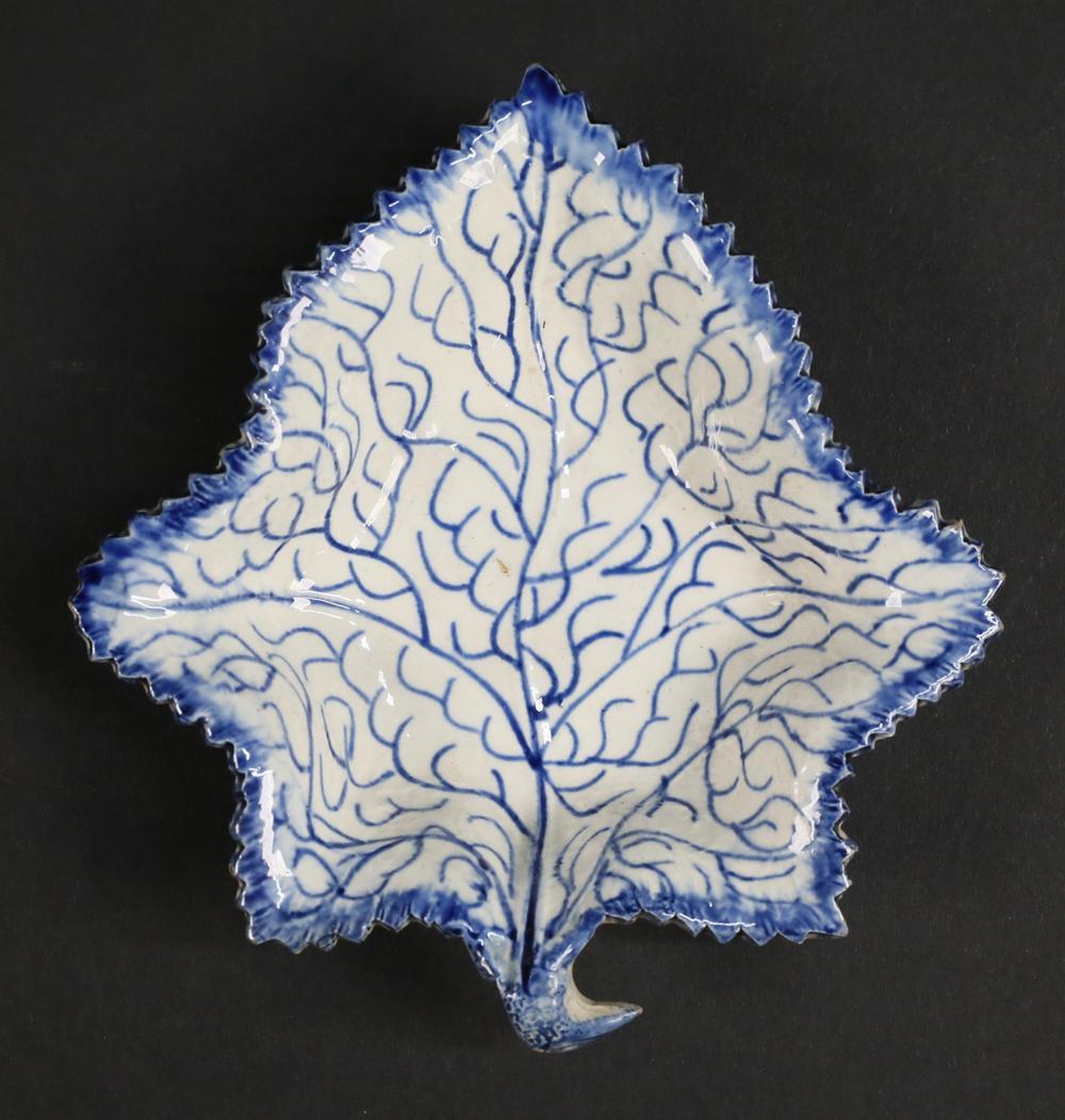 Hand-Crafted Pair of Blue and White Leaf Form Staffordshire Porcelain Trays