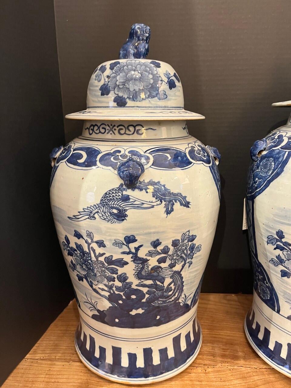 Chinoiserie Pair of Blue and White Lidded Temple / Ginger Jars