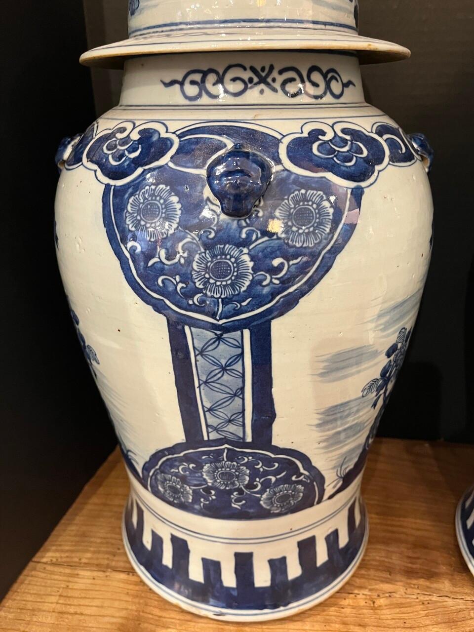 Glazed Pair of Blue and White Lidded Temple / Ginger Jars