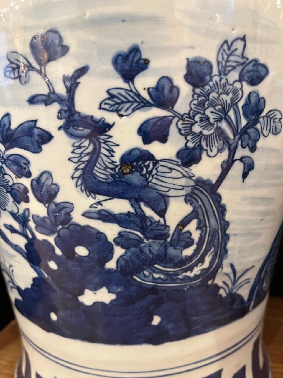 Contemporary Pair of Blue and White Lidded Temple / Ginger Jars