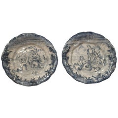 Antique Pair of Blue and White Majolica Platters from Florence Italy, Early 1900s