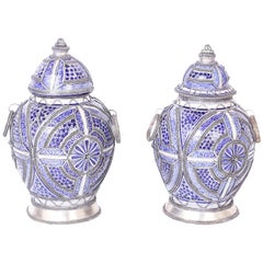 Vintage Pair of Blue and White Moroccan Stoneware Urns