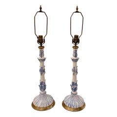 Pair of Blue and White Painted Wood Lamps