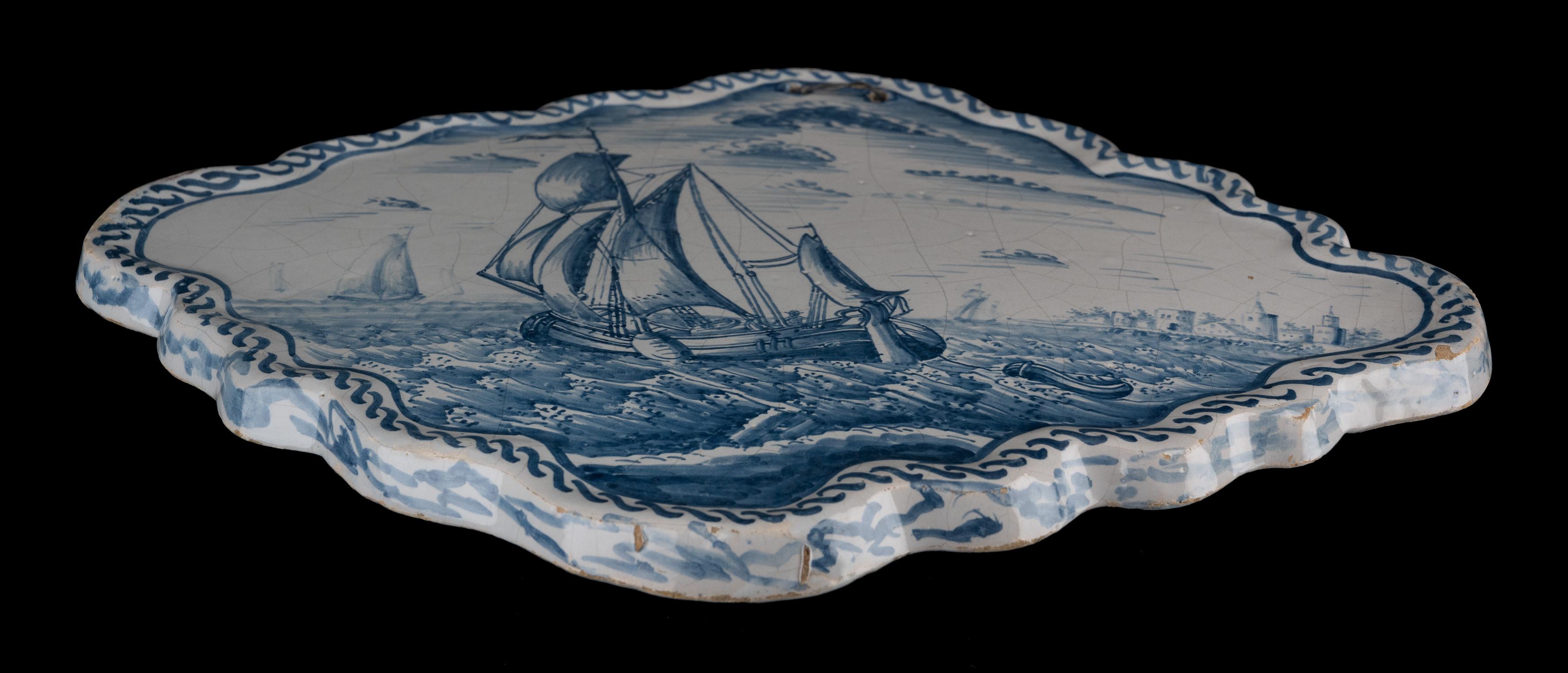 Pair of Blue and White Plaques with Ships off the Coast, 1784-1800 For Sale 2