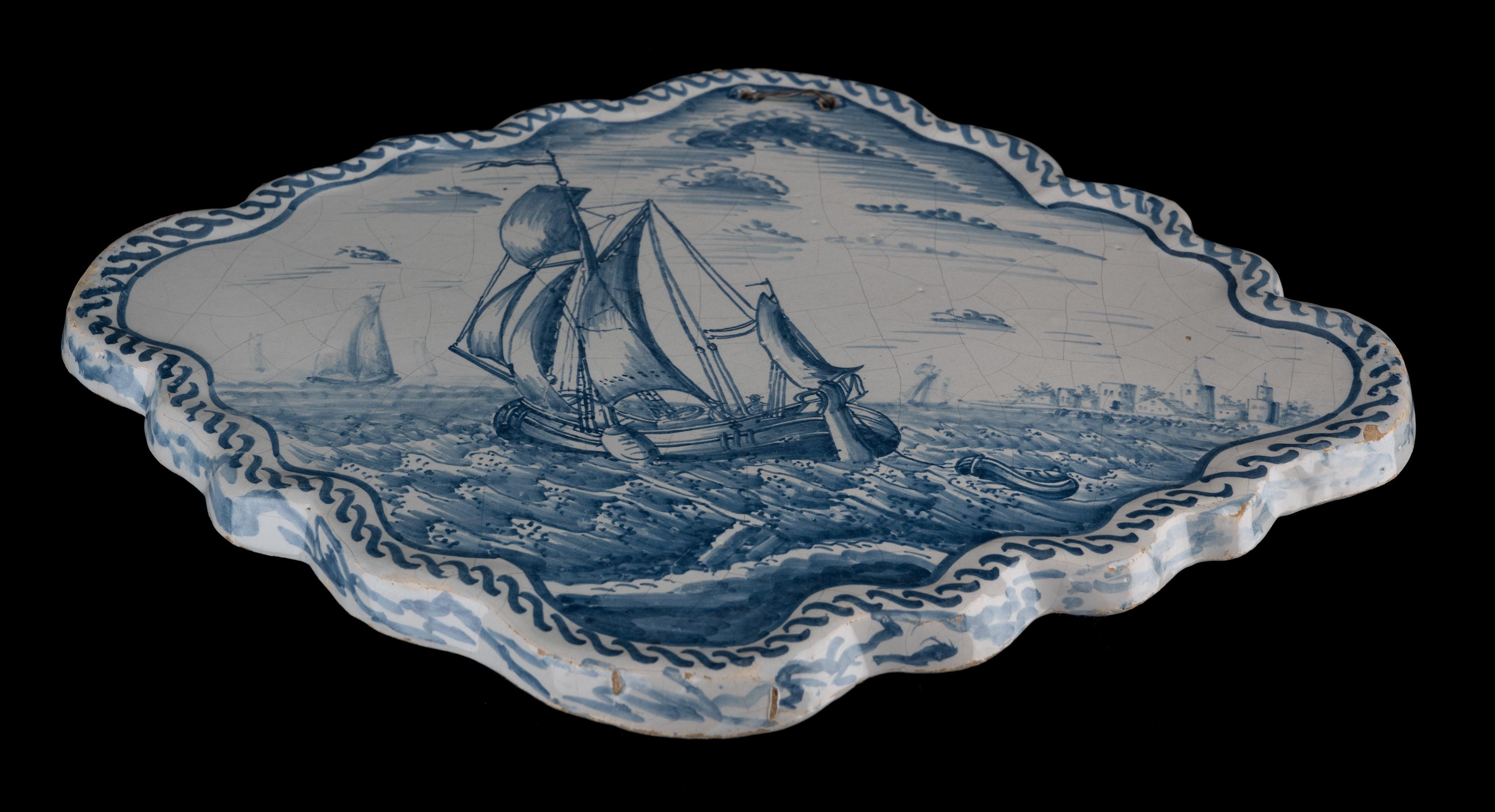 Pair of Blue and White Plaques with Ships off the Coast, 1784-1800 For Sale 3
