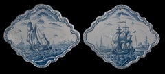 Pair of Blue and White Plaques with Ships off the Coast, 1784-1800