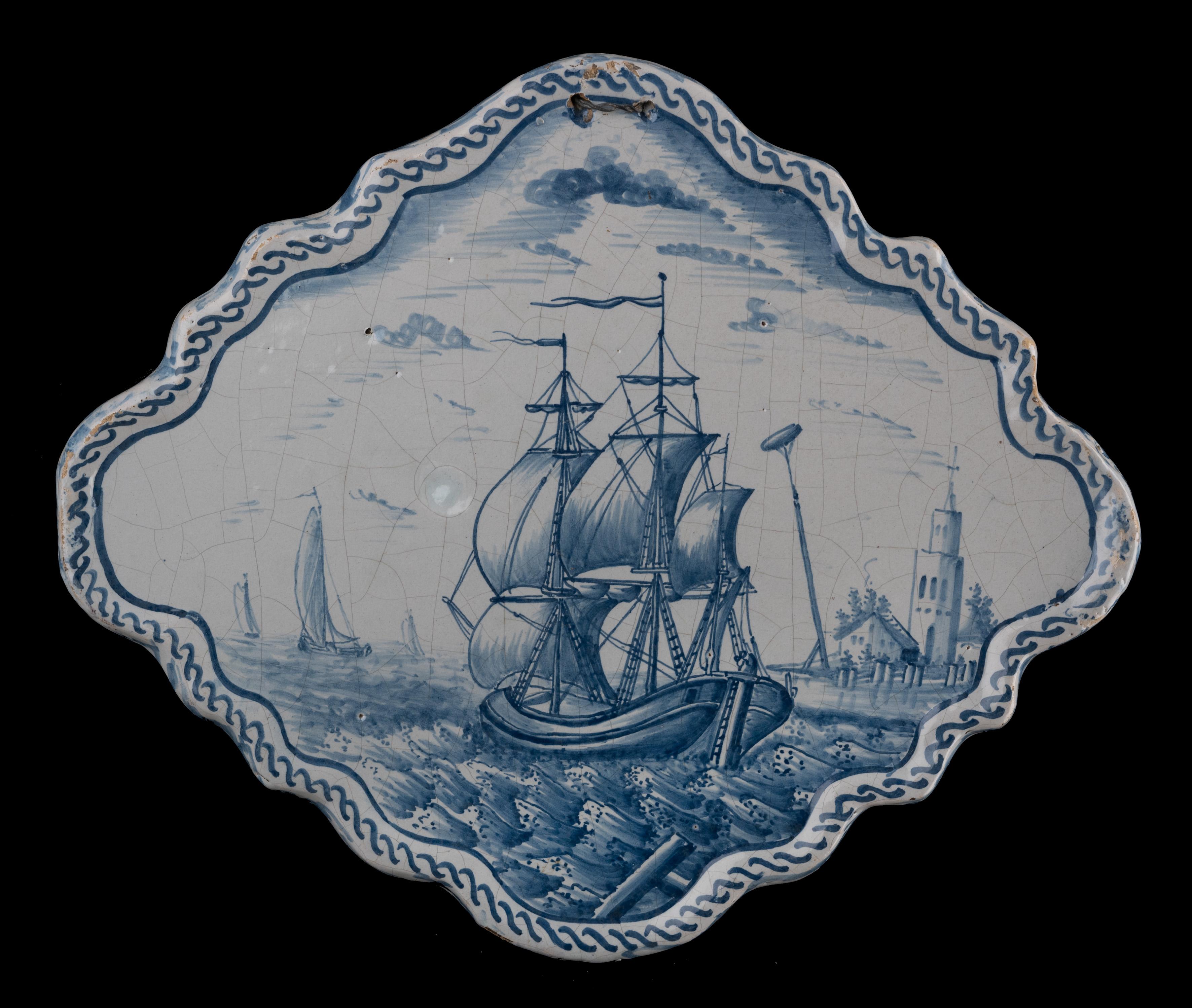 Baroque Pair of Blue and White Plaques with Ships off the Coast, 1784-1800 For Sale