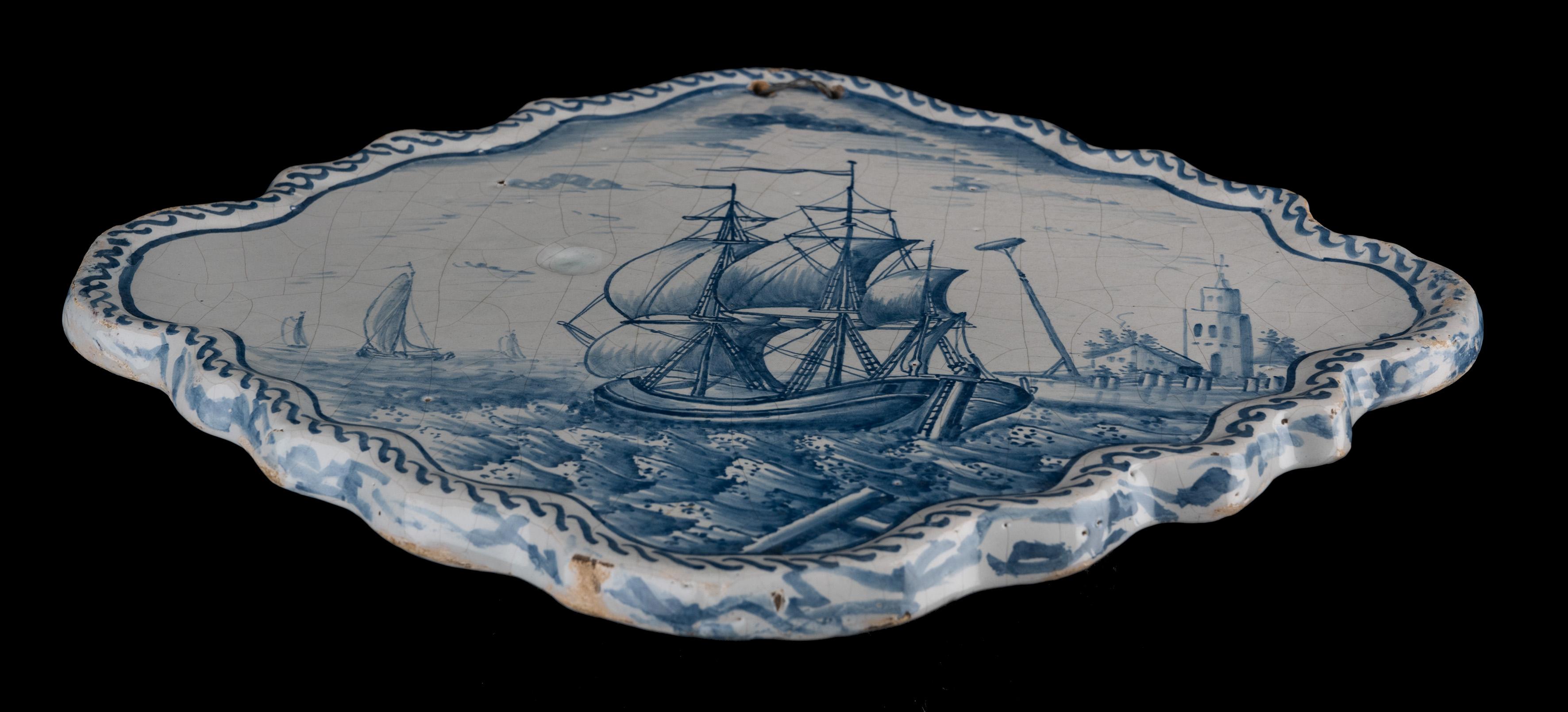 Glazed Pair of Blue and White Plaques with Ships off the Coast, 1784-1800 For Sale