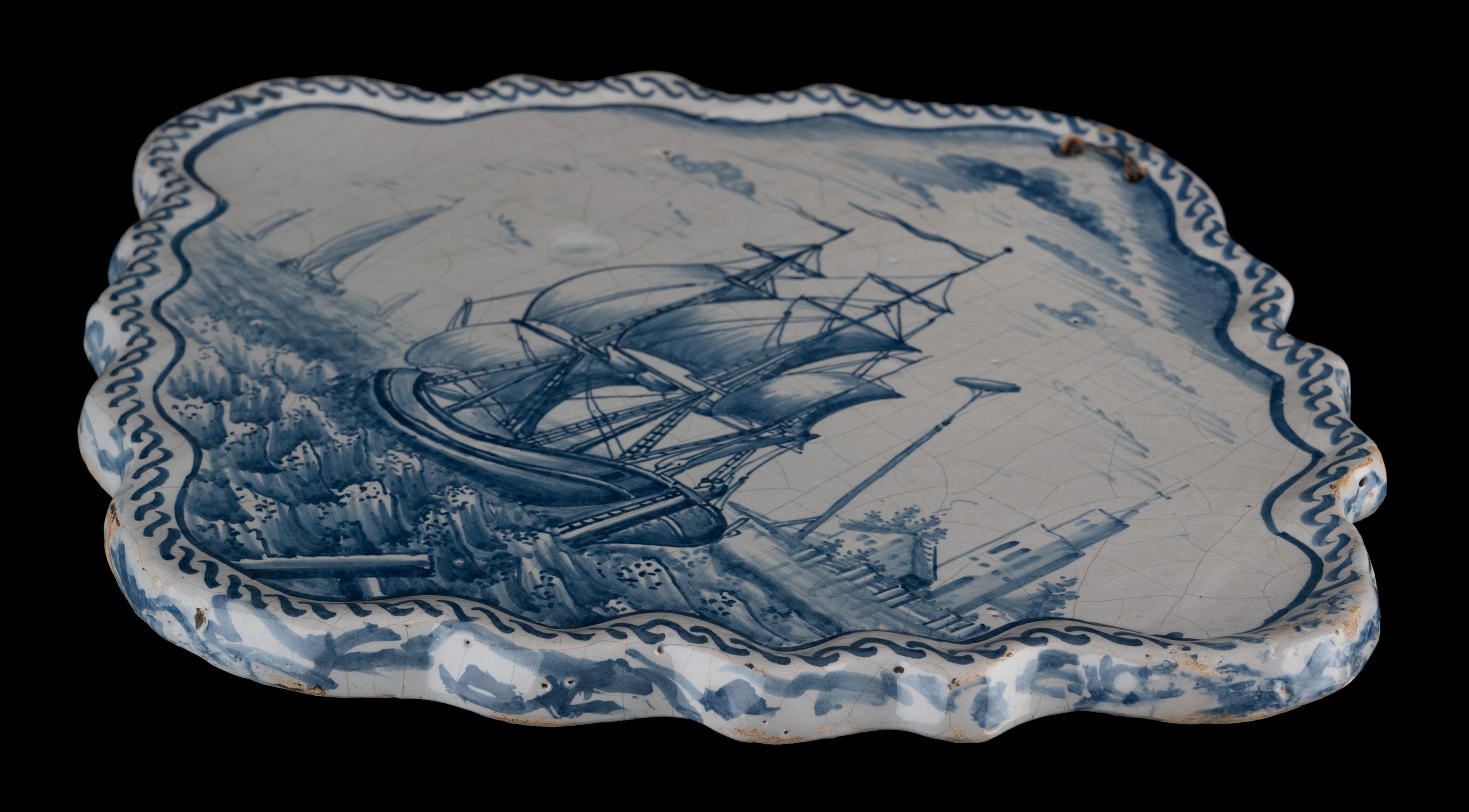 18th Century Pair of Blue and White Plaques with Ships off the Coast, 1784-1800 For Sale
