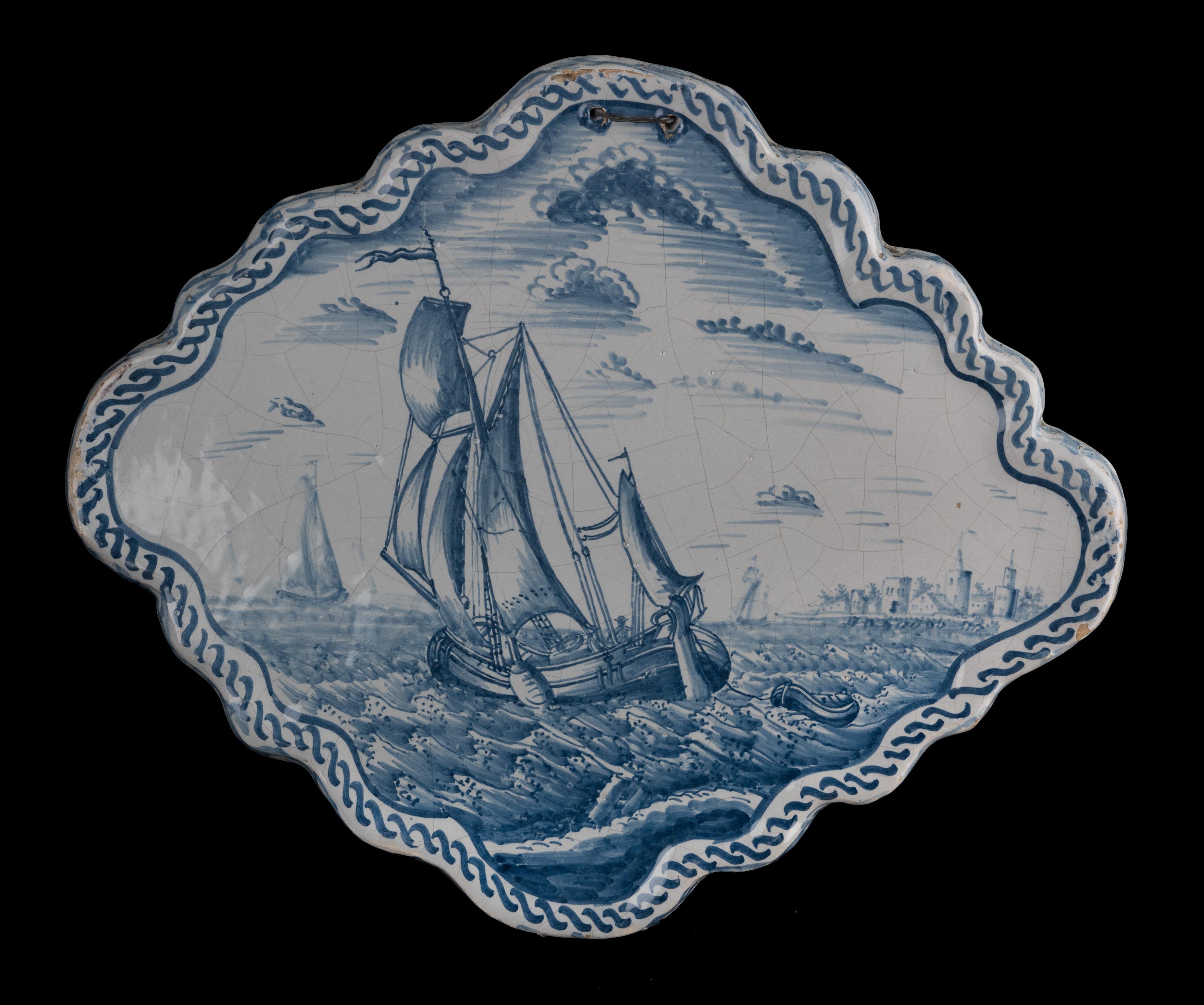 Ceramic Pair of Blue and White Plaques with Ships off the Coast, 1784-1800 For Sale
