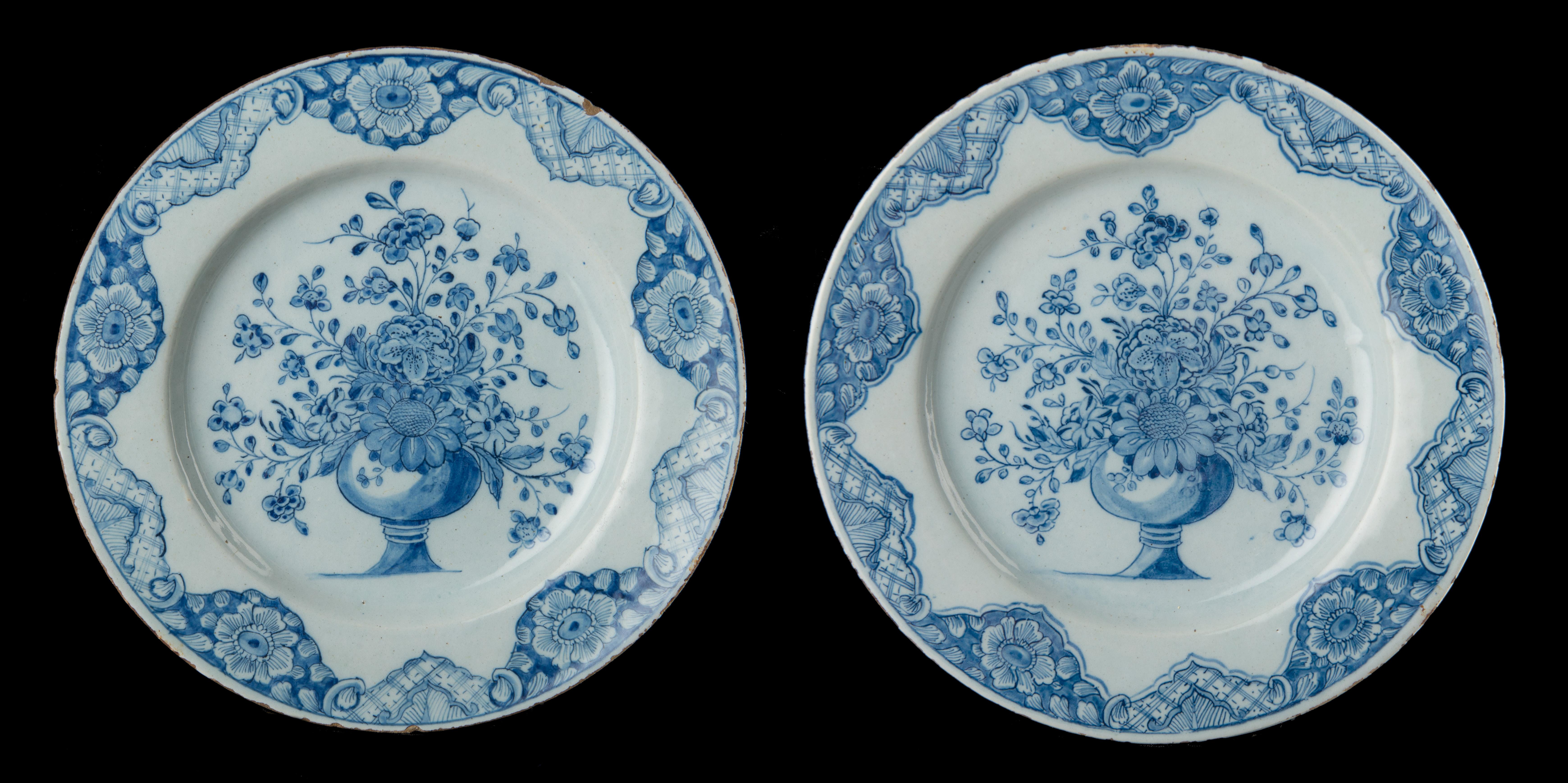 Baroque  Dutch Delft Dated 1760 Pair of Blue and White ceramic Plates with Flower Vases For Sale
