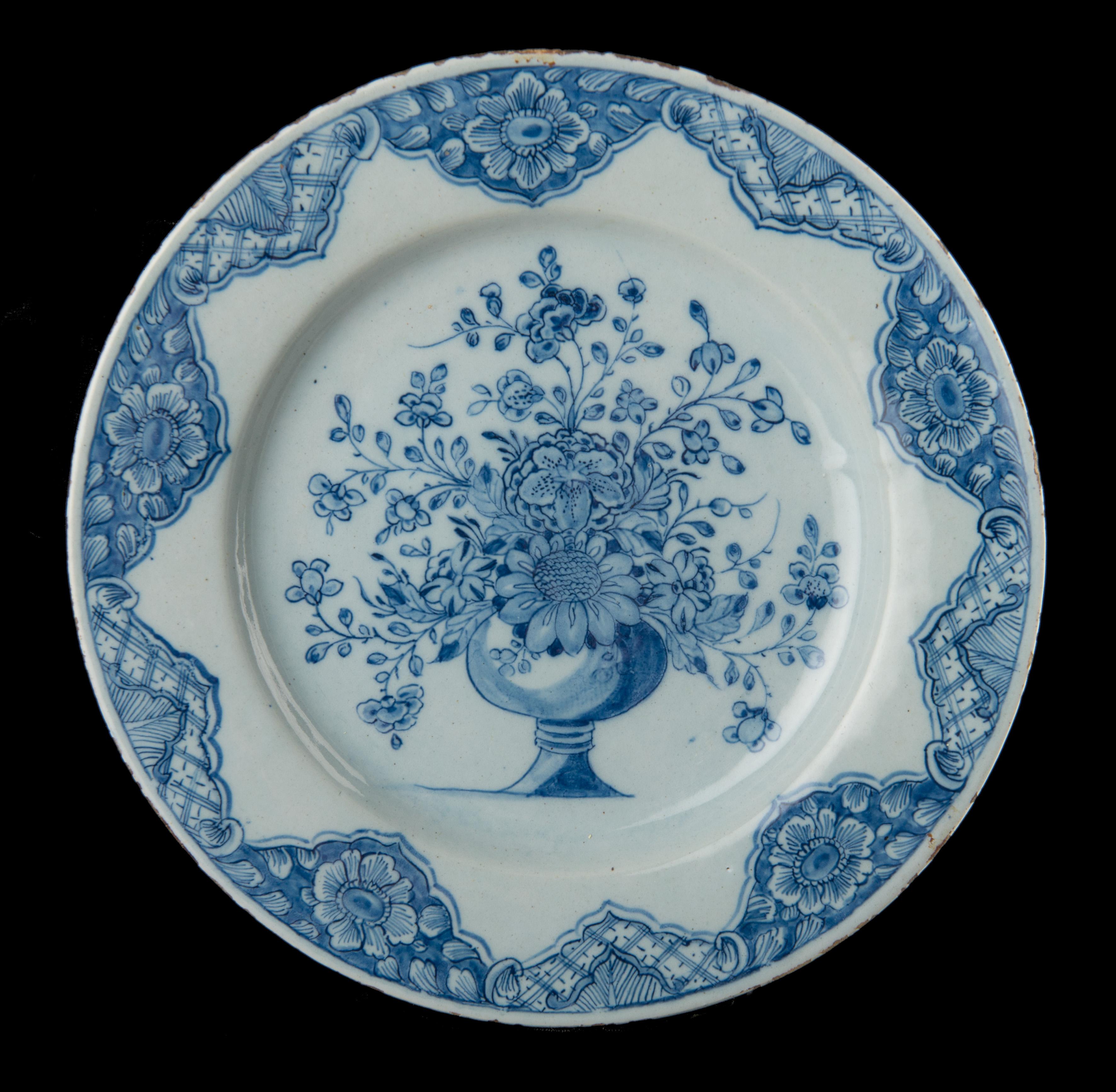 Ceramic  Dutch Delft Dated 1760 Pair of Blue and White ceramic Plates with Flower Vases For Sale