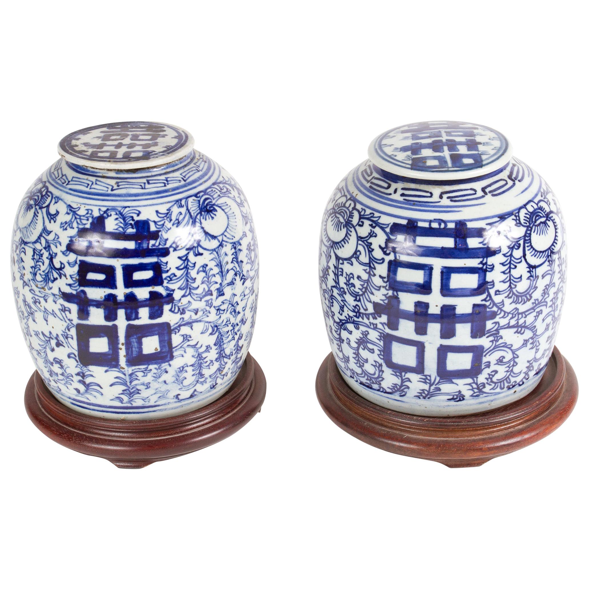 Pair of Blue and White Porcelain Chinese Ginger Jars