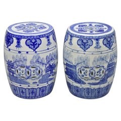 Pair of Blue and White Porcelain Chinese Oriental Drum Garden Seat Pedestal
