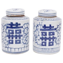 Pair of Blue and White Porcelain Double Happiness Ginger Jars