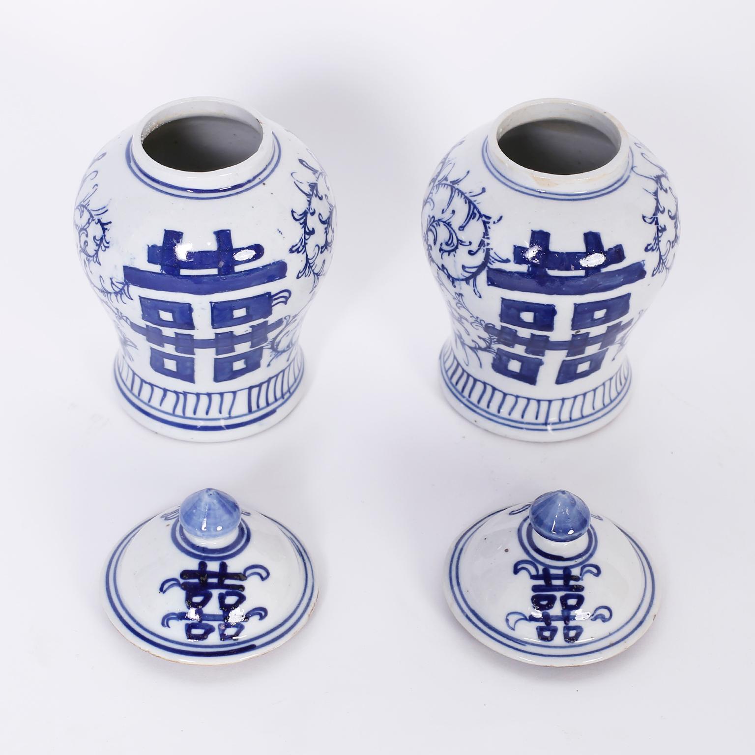 Hand-Painted Pair of Blue and White Porcelain Double Happiness Jars For Sale
