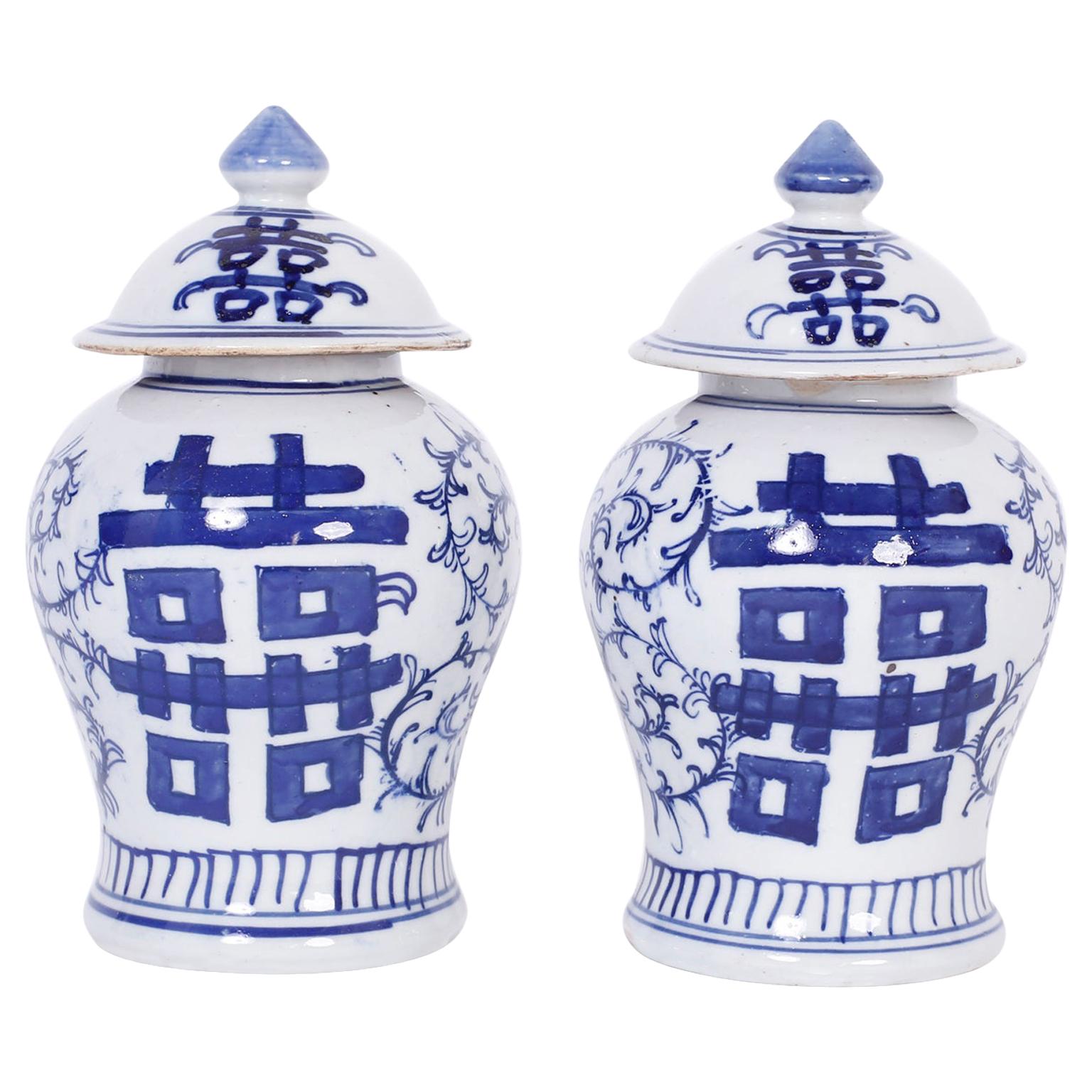 Pair of Blue and White Porcelain Double Happiness Jars