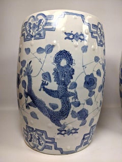 Pair of blue and white porcelain garden seat or side tables.
