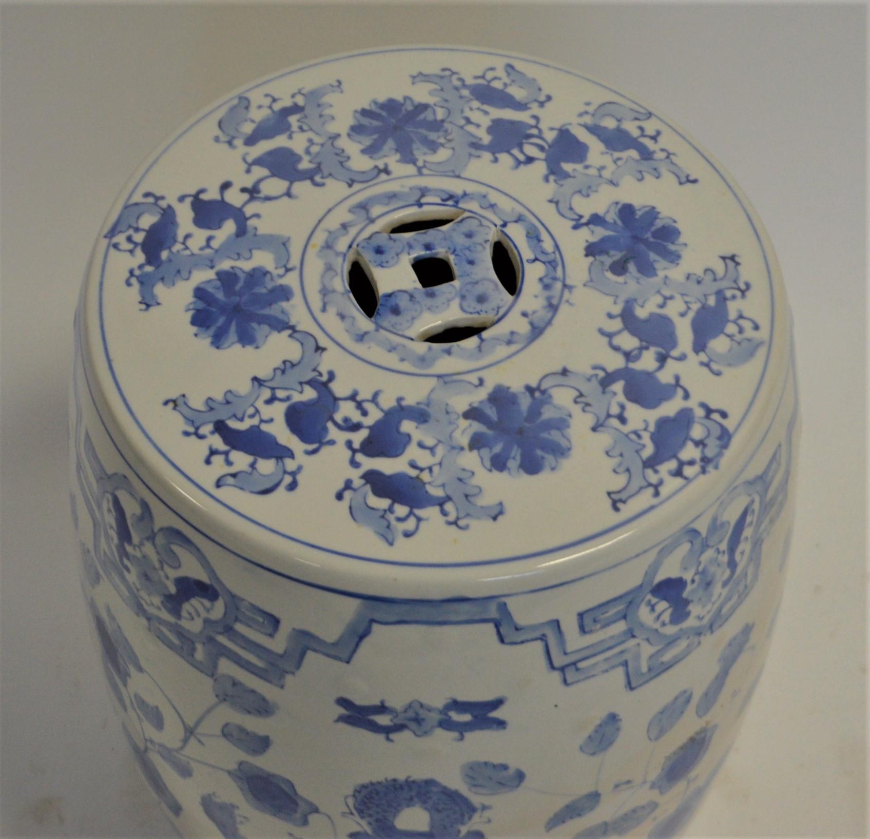 Chinoiserie Pair of blue and white porcelain garden seat or side tables. For Sale