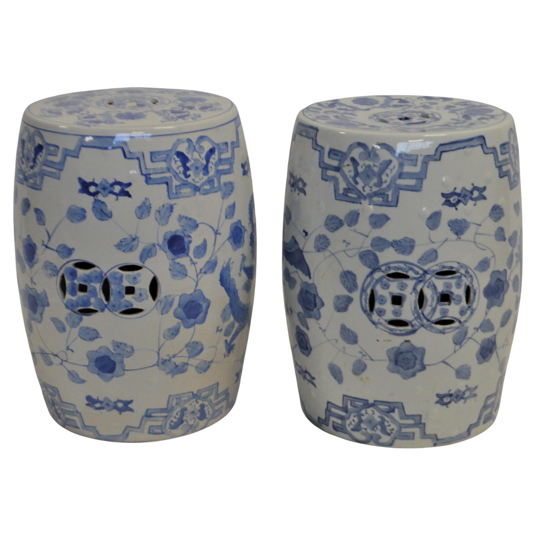 Pair of blue and white porcelain garden seat or side tables. For Sale