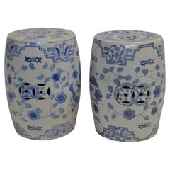 Pair of blue and white porcelain garden seat or side tables.