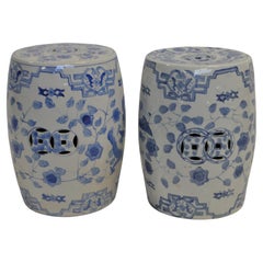 Pair of blue and white porcelain garden seat or side tables.