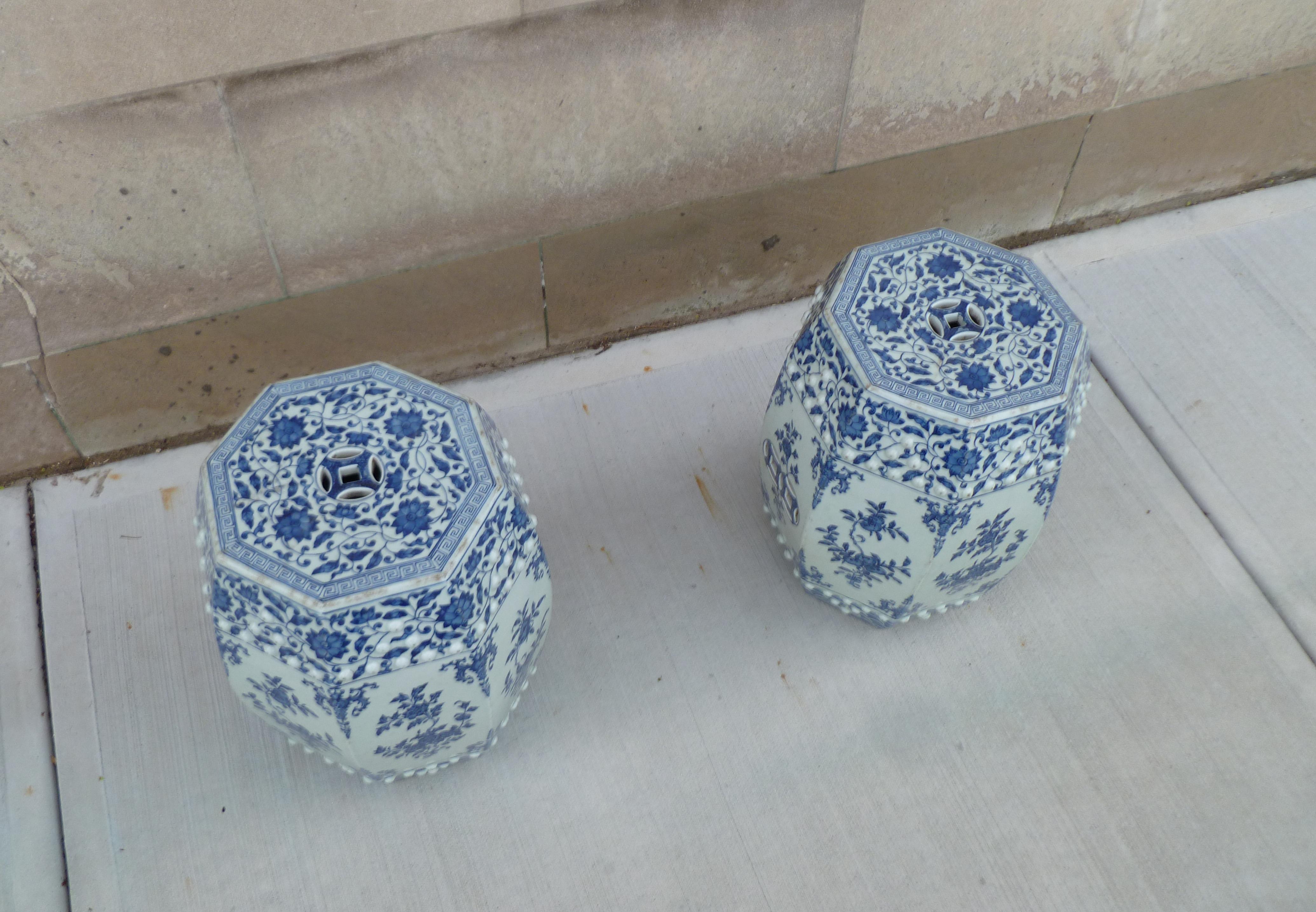 20th Century Pair of Blue and White Porcelain Garden Seats / End Tables For Sale
