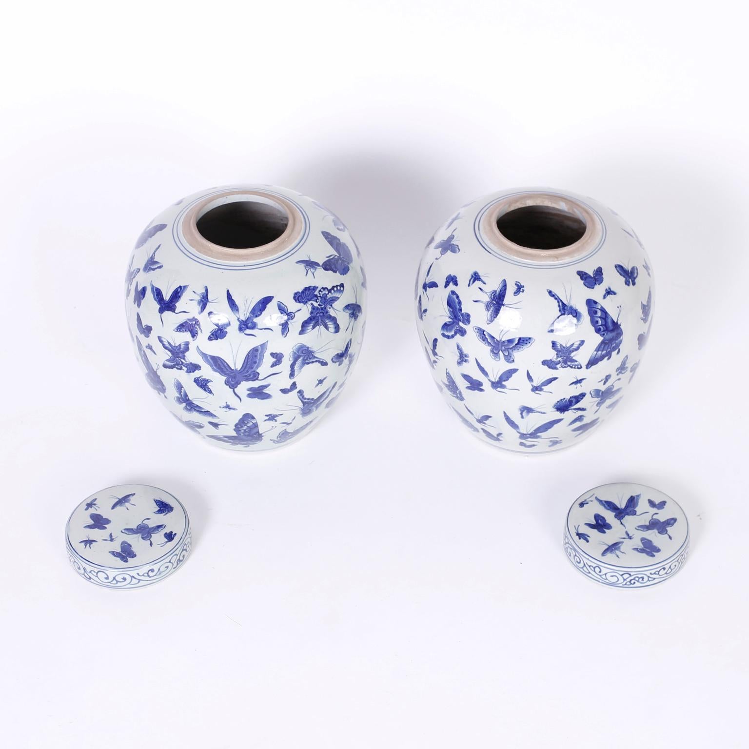 Chinoiserie Pair of Blue and White Porcelain Ginger Jars