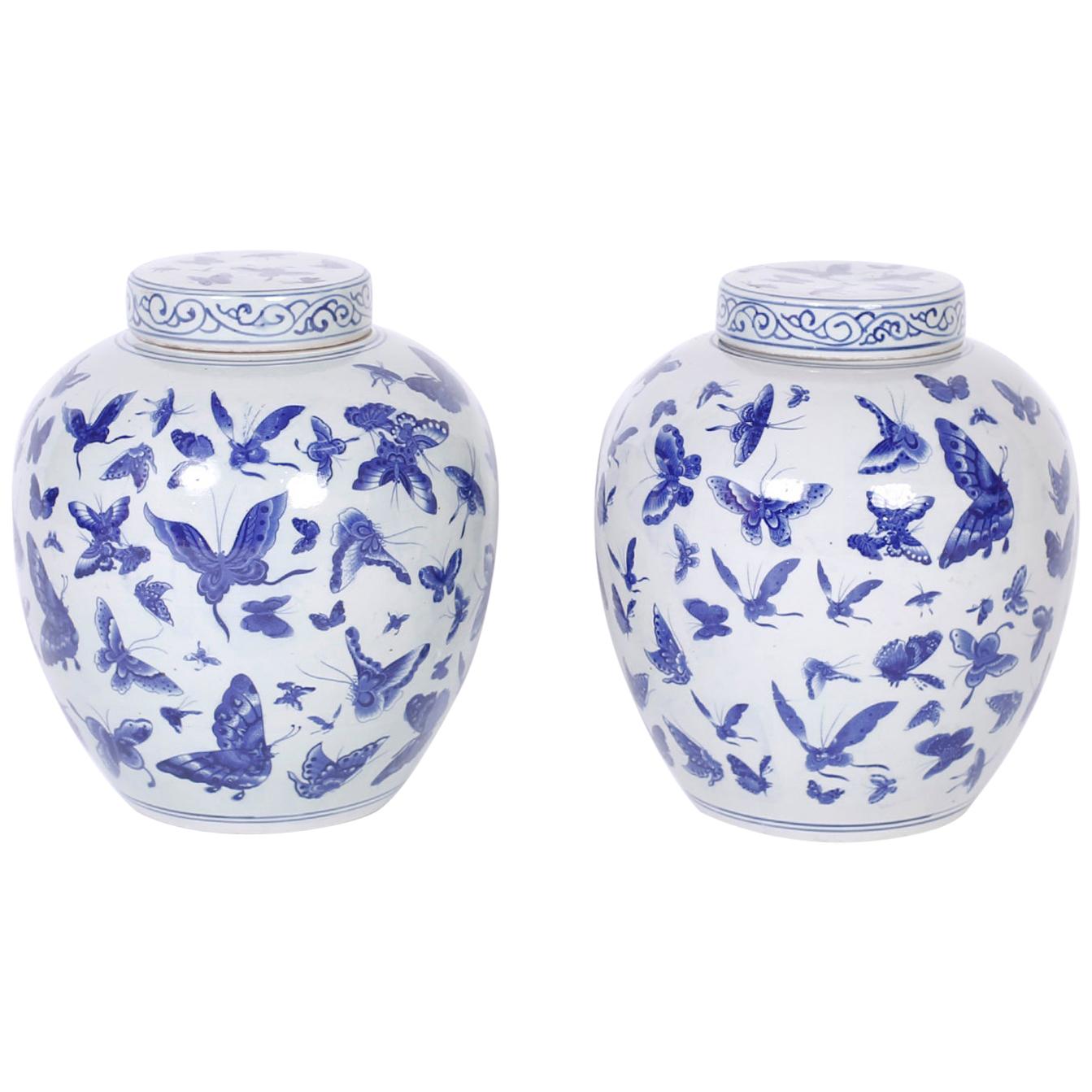 Pair of Blue and White Porcelain Ginger Jars