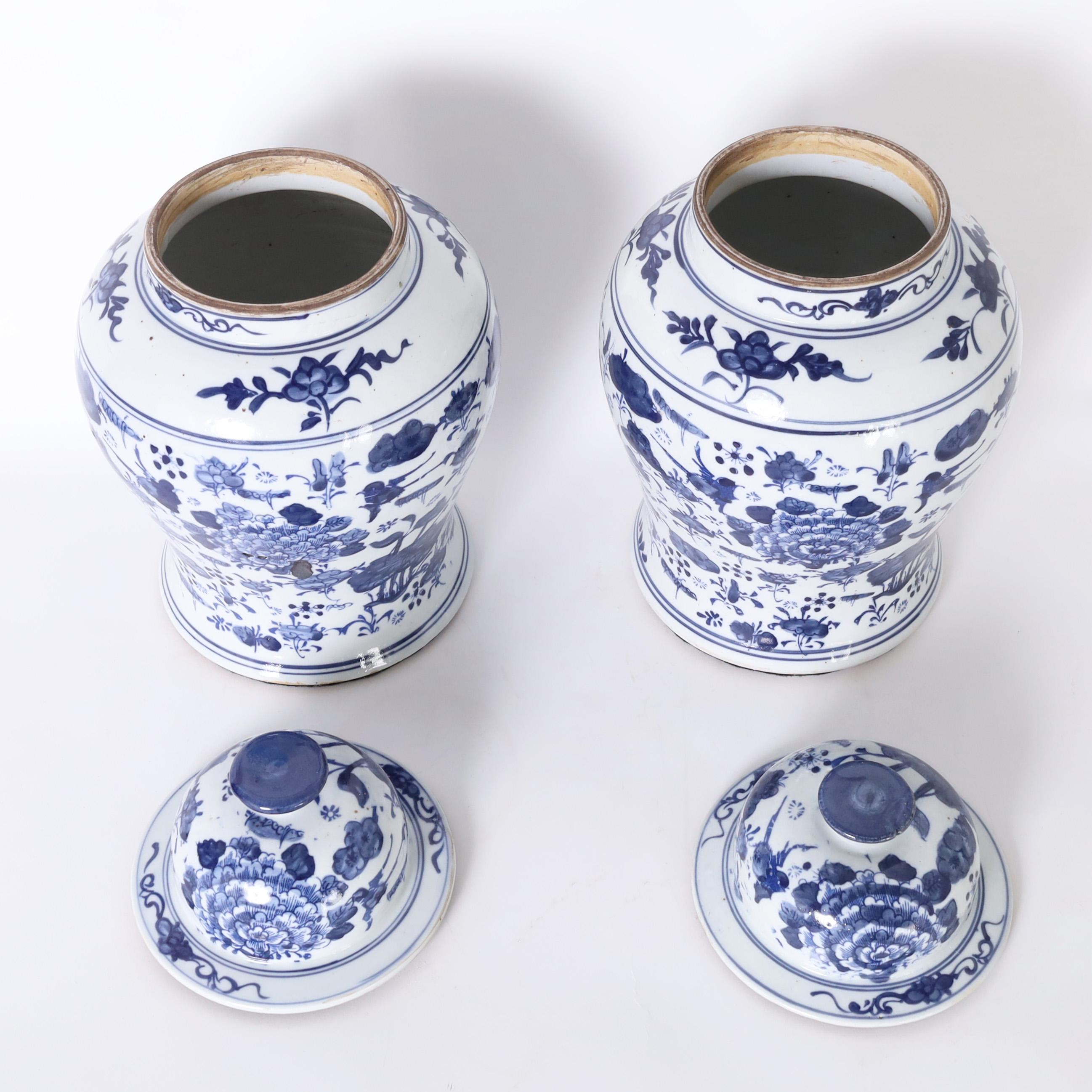Lofty pair of Chinese blue and white porcelain lidded ginger jars with classic form and hand decorated with birds and flowers.