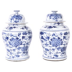 Antique Pair of Blue and White Porcelain Ginger Jars with Birds and Flowers