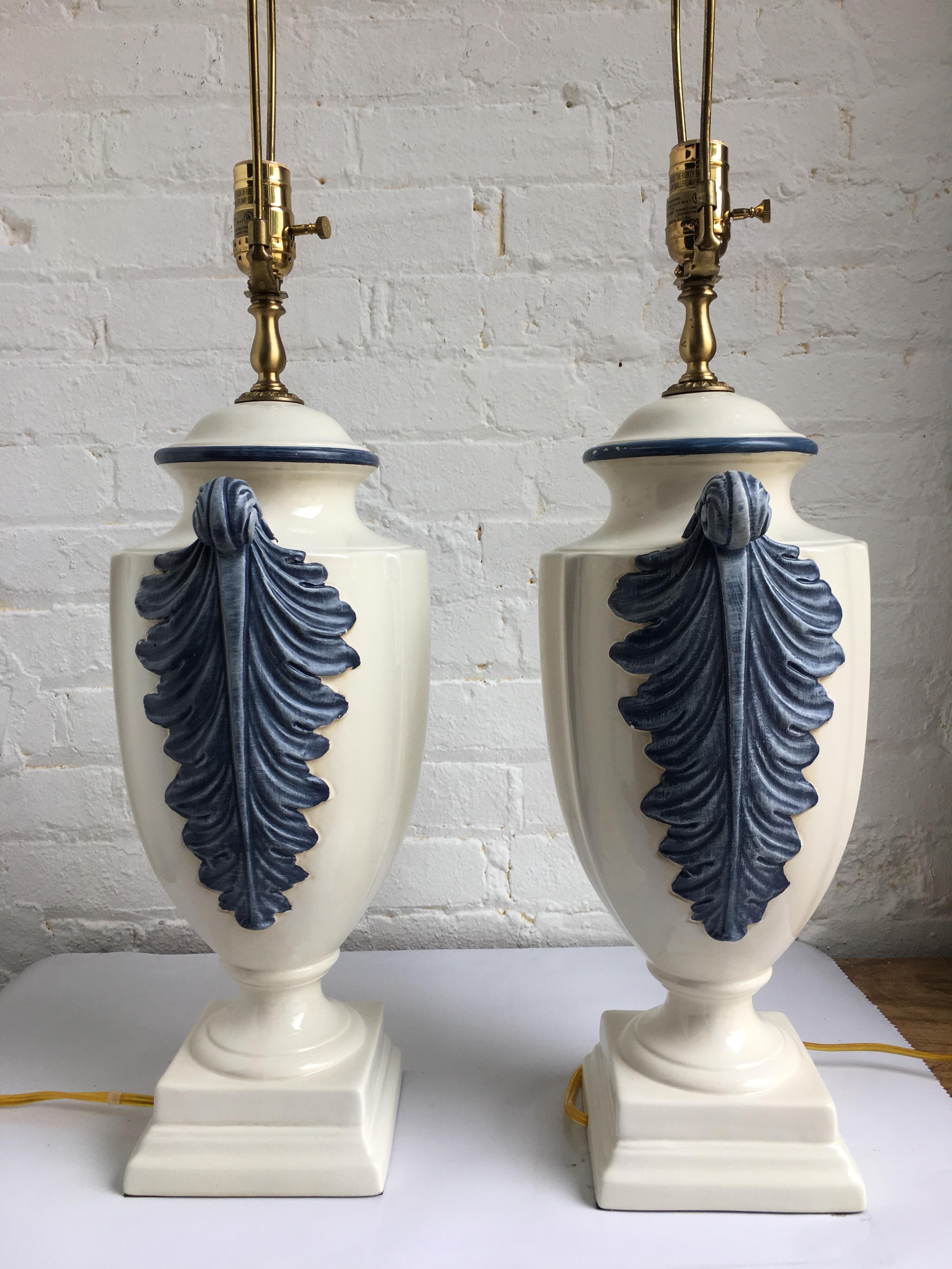 Hollywood Regency Style Blue and White Porcelain Glazed Urn Lamps In Good Condition In Lambertville, NJ