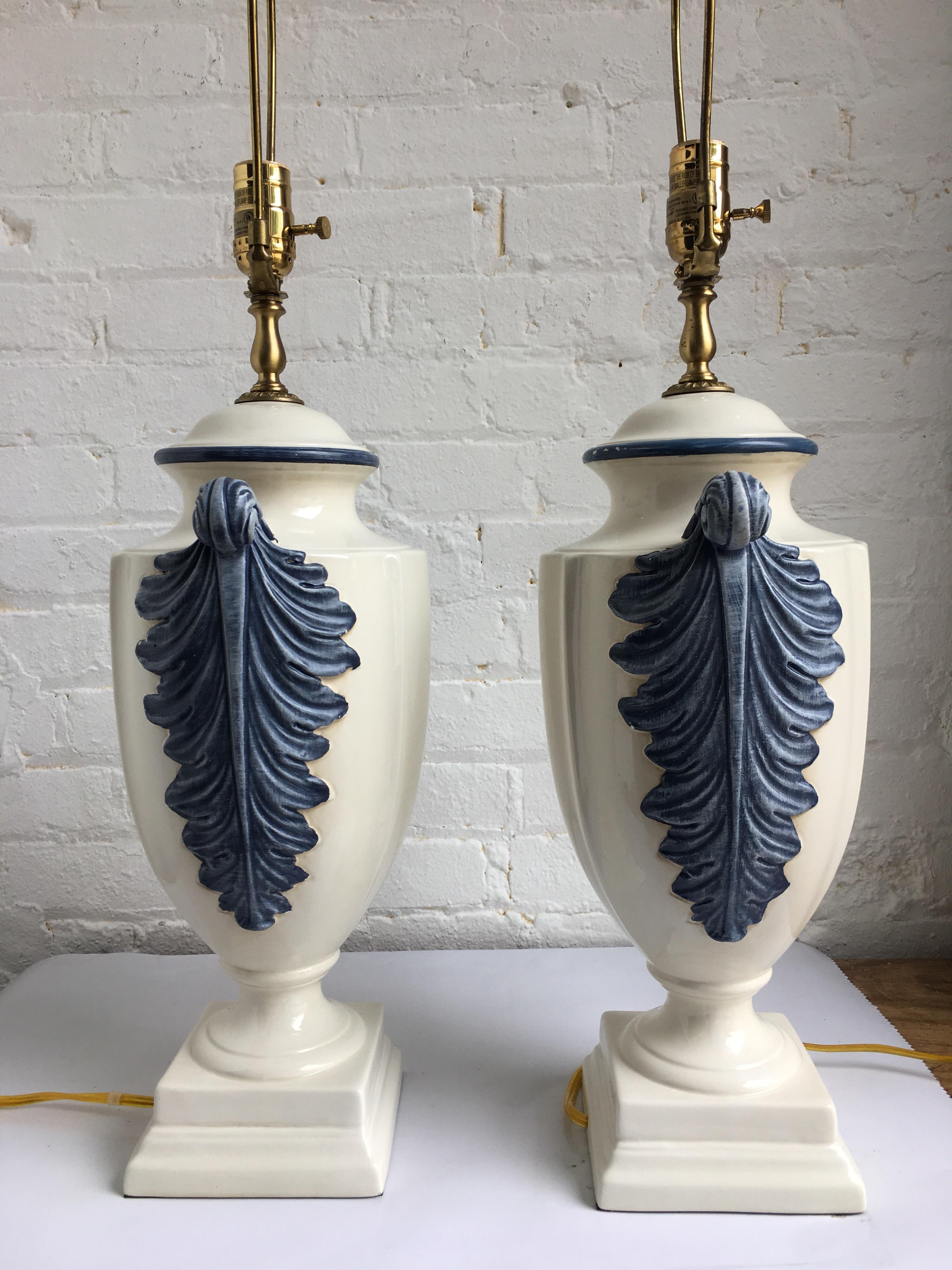 Pair of Blue and White Porcelain Glazed Urn Lamps In Good Condition In Lambertville, NJ